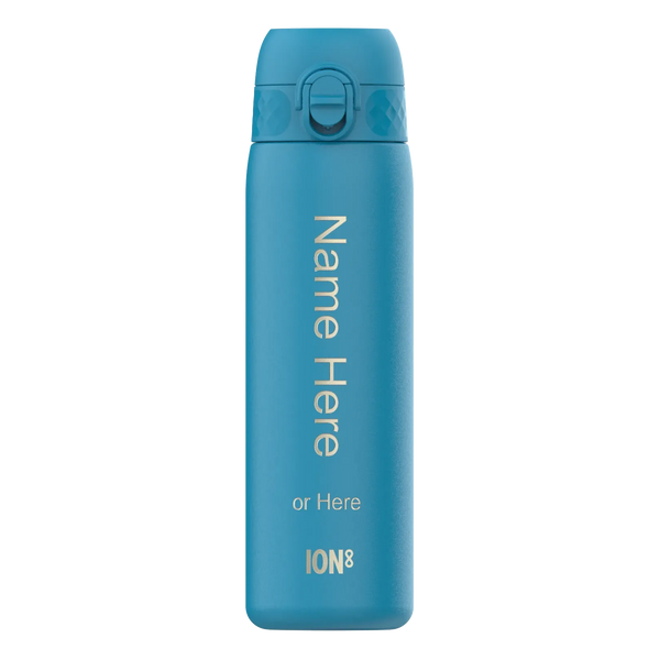 A blue water bottle stands upright displaying text "Name Here or Here ION8" on its side against a plain white background