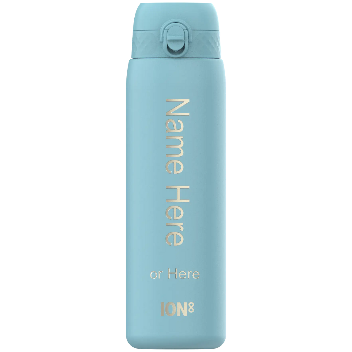 A light-blue water bottle stands against a black background. It has a screw-on lid and the words "Name Here or Here ION8" are vertically printed on its surface.