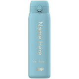 A light-blue water bottle stands against a black background. It has a screw-on lid and the words 