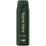 A dark-green ION8 water bottle stands upright; its surface displays 