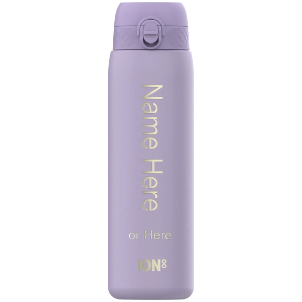 A lavender-colored ION8 water bottle stands upright. The bottle displays "Name Here or Here" and the ION8 logo.