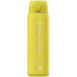 A yellow ION8 water bottle stands against a black background. It displays 