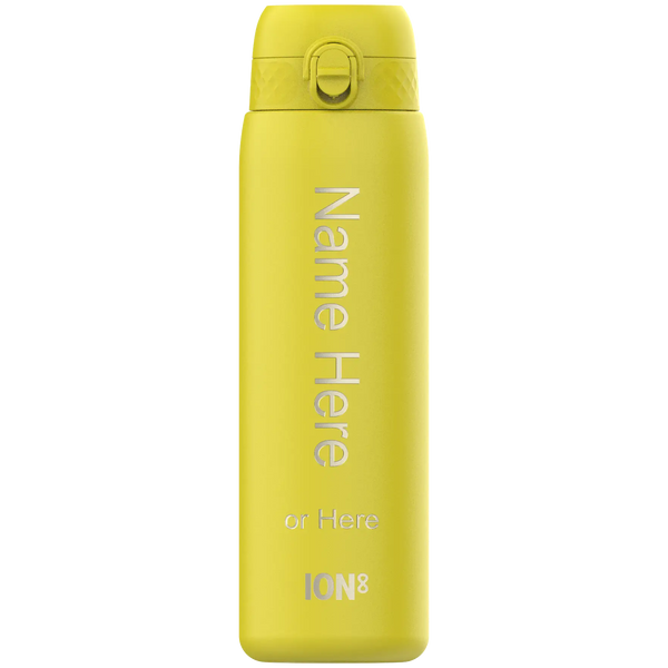 A yellow ION8 water bottle stands against a black background. It displays "Name Here or Here" and the logo "ION8".
