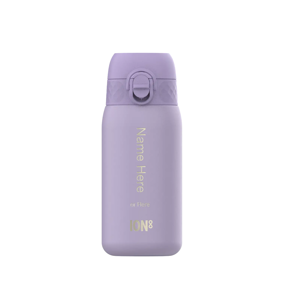 A lavender ION8 water bottle stands upright. It features a flip-top lid and text reading "Name Here or Here ION8".