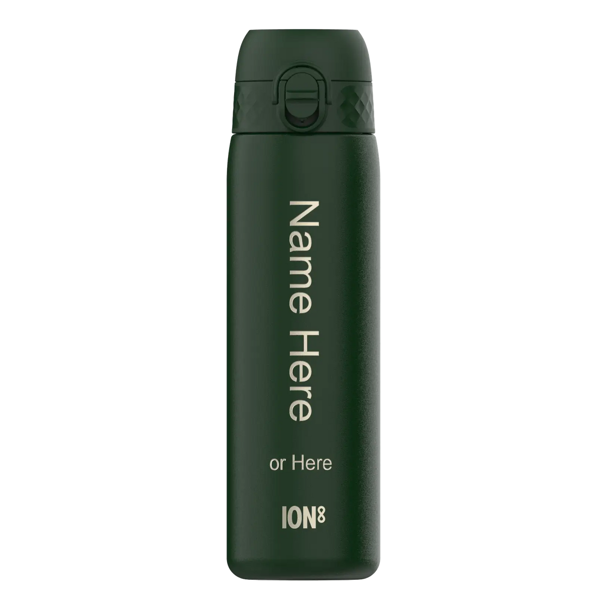 A dark-green ION8 water bottle stands against a white background. It features a flip-top lid and the text: "Name Here or Here ION8".