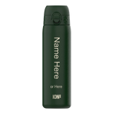 A dark-green ION8 water bottle stands against a white background. It features a flip-top lid and the text: 