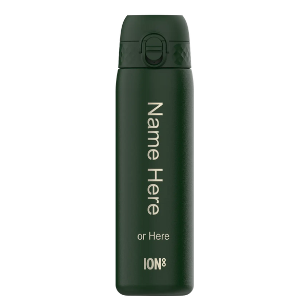 A dark-green ION8 water bottle stands against a white background. It features a flip-top lid and the text: "Name Here or Here ION8".