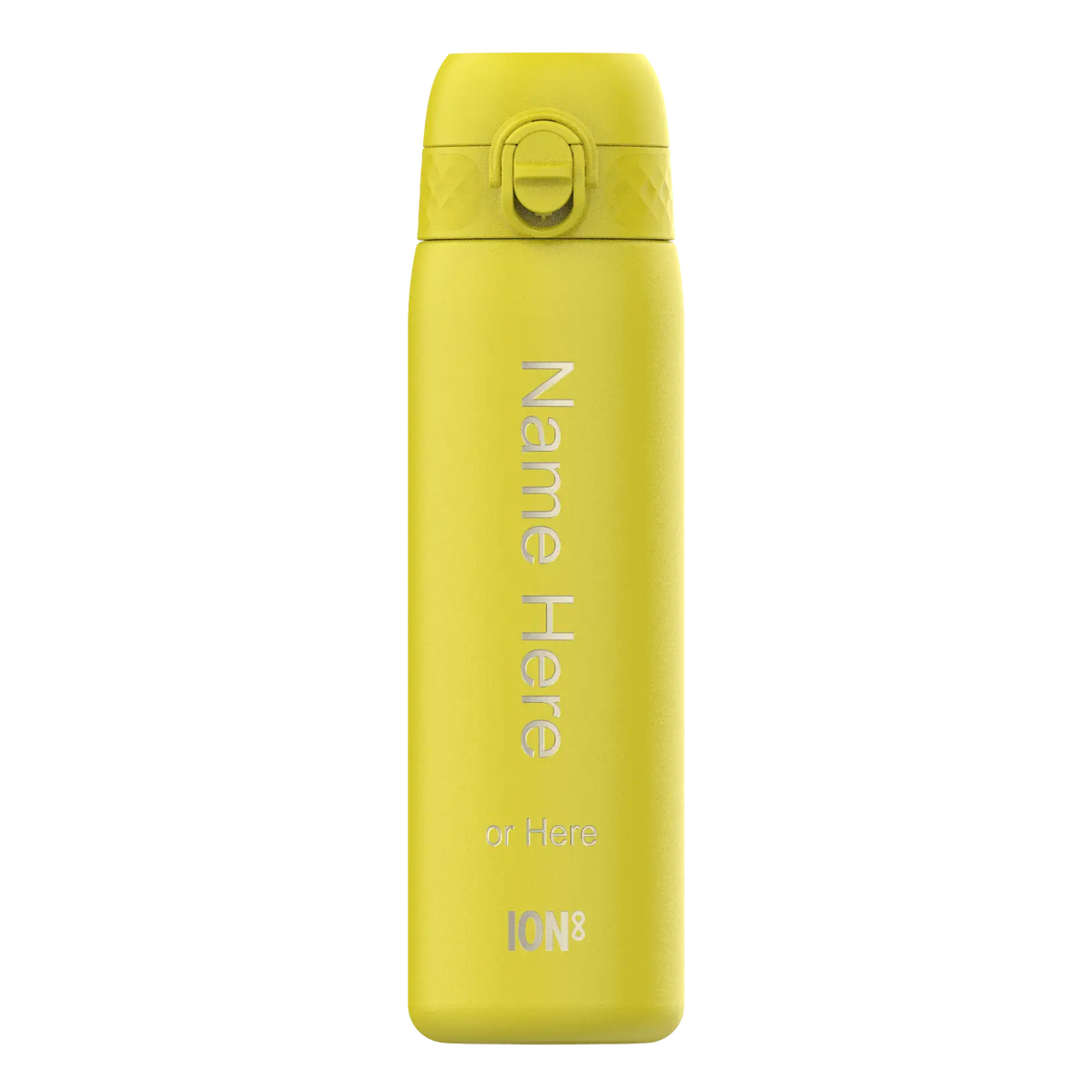 A yellow ION8 water bottle stands on a white background. It displays "Name Here or Here" vertically.