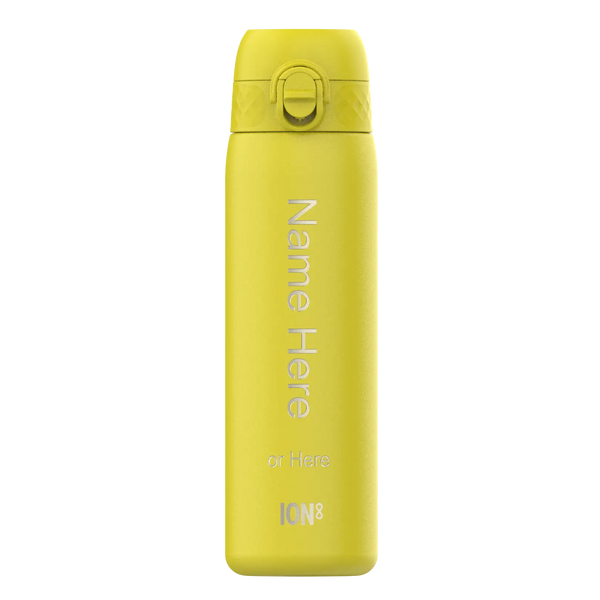 A yellow ION8 water bottle stands on a white background. It displays "Name Here or Here" vertically.