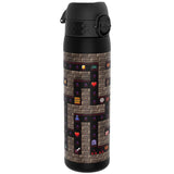 A black water bottle, featuring a retro video game design depicting a dungeon maze, stands upright against a white background. The numbers 