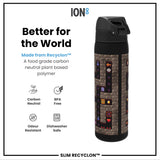 A black water bottle, featuring a pixelated dungeon design, sits against a white background. It's made from a plant-based polymer and is BPA-free, odour-resistant, and dishwasher-safe. The text reads: 