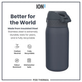A dark-grey insulated steel water bottle sits on a white background; it is durable, recyclable, dishwasher safe, and odour resistant.