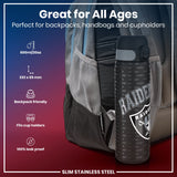 A slim stainless steel water bottle, featuring the Raiders logo and 