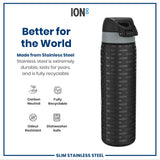 A stainless steel water bottle, featuring a dark gray and black design with repeated 