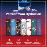 Six water bottles, displaying various NFL team logos, are presented. They are shown against a backdrop featuring a blurred image of a football player and promotional text. 