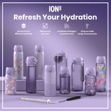 Several lilac water bottles, varying in size and design, are displayed on a purple surface. They feature various patterns including flowers, hedgehogs, fairies, and unicorns. Accompanying text promotes the brand 
