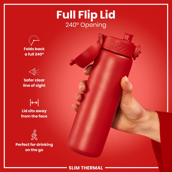 Leak Proof Slim Thermal Steel Water Bottle, Insulated, Red, 500ml (17oz)