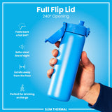 A blue water bottle with a flip lid is held; the lid opens 240 degrees. The bottle is described as 