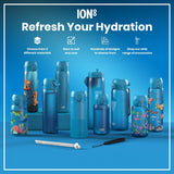 Several blue ION8 water bottles, various sizes and designs, are displayed on a blue surface; a straw and carrying strap are also shown. The text reads: 