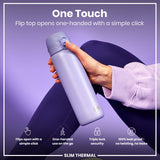 A lavender water bottle is held; its flip top opens one-handed. The context is a purple background. 