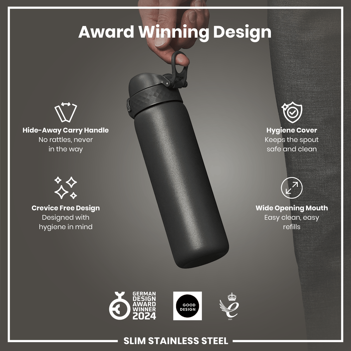 Leak Proof Slim Water Bottle, Stainless Steel, Grey, 600ml (20oz)