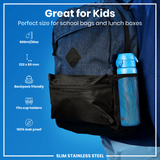 A blue water bottle, fitting in a backpack's side pocket, is shown against a bright blue background. The bottle's dimensions and features are detailed: 600ml/20oz, 232 x 65 mm, backpack friendly, fits cup holders, and is 100% leak proof. It's described as 