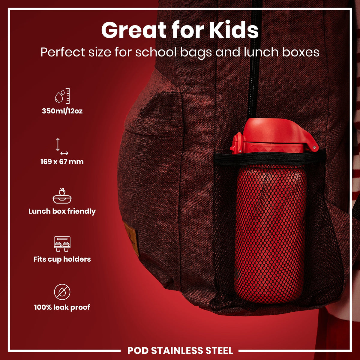 A red water bottle rests in a maroon backpack's mesh pocket. It is described as great for kids, lunchbox friendly, fitting cup holders, and leakproof; dimensions are 169 x 67 mm; capacity is 350ml/12oz. The material is stainless steel.