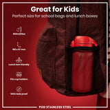 A red water bottle rests in a maroon backpack's mesh pocket. It is described as great for kids, lunchbox friendly, fitting cup holders, and leakproof; dimensions are 169 x 67 mm; capacity is 350ml/12oz. The material is stainless steel.