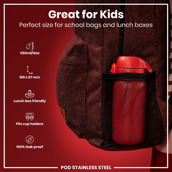 A red water bottle rests in a maroon backpack's mesh pocket. It is described as great for kids, lunchbox friendly, fitting cup holders, and leakproof; dimensions are 169 x 67 mm; capacity is 350ml/12oz. The material is stainless steel.