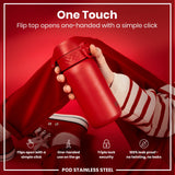 A red, stainless steel water bottle is held; its flip top opens one-handed. The bottle is displayed against a red background.