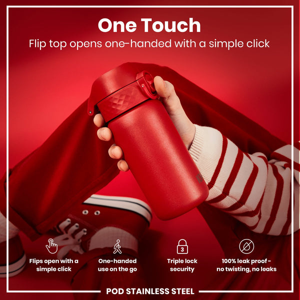 A red, stainless steel water bottle is held; its flip top opens one-handed. The bottle is displayed against a red background.