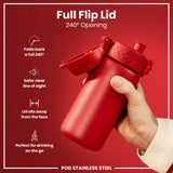 A red water bottle with a full flip lid is being held; the lid folds back 240 degrees. The bottle is shown against a red background. 