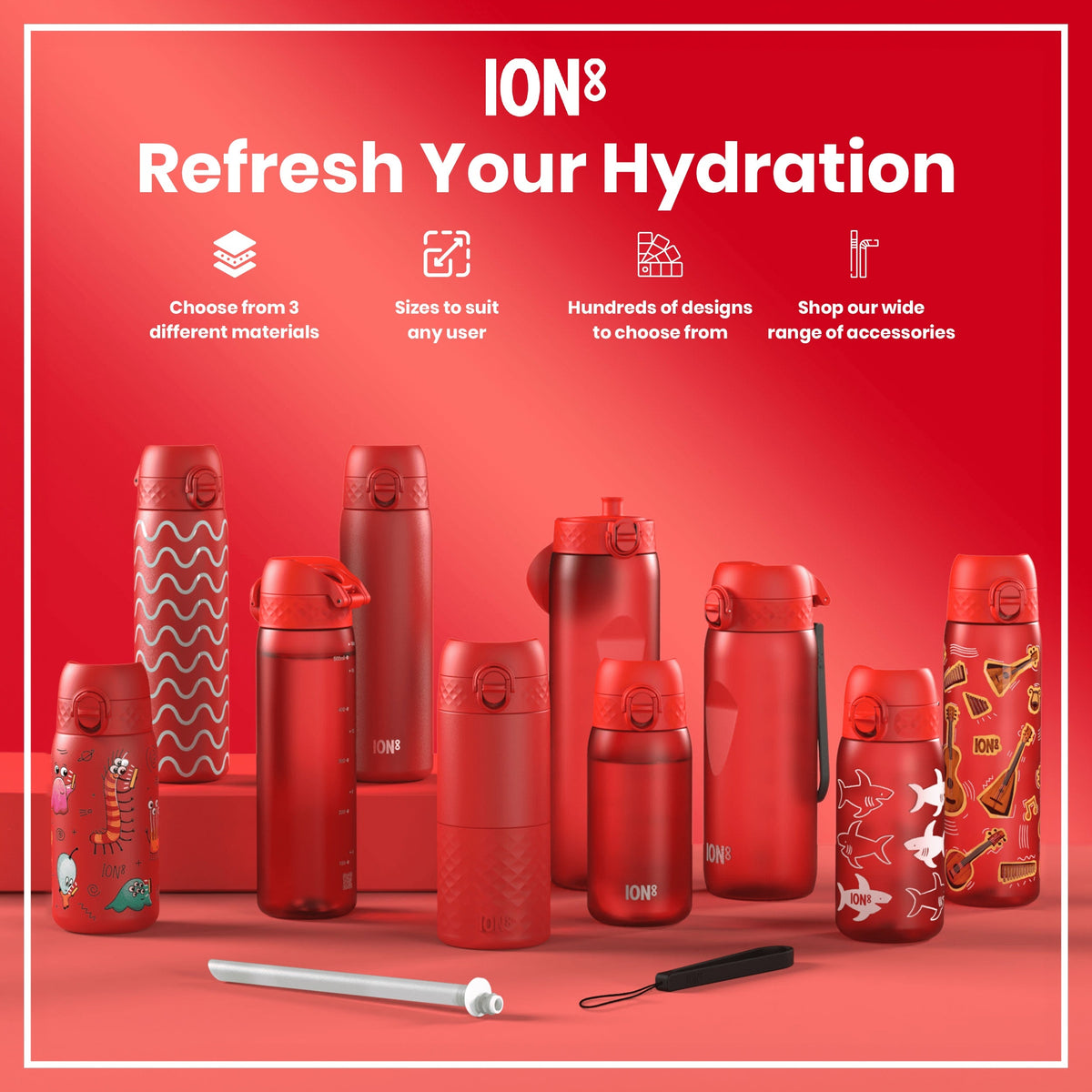 Several red water bottles, of varying sizes and designs, are displayed on a red background. Choose from 3 different materials. Sizes to suit any user. Hundreds of designs to choose from. Shop our wide range of accessories.