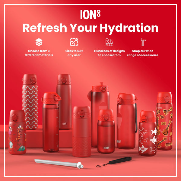 Several red water bottles, of varying sizes and designs, are displayed on a red background. Choose from 3 different materials. Sizes to suit any user. Hundreds of designs to choose from. Shop our wide range of accessories.