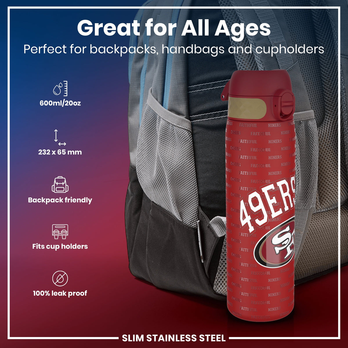 Leak Proof NFL Water Bottle, Stainless Steel, San Francisco 49ers, 600ml (20oz)