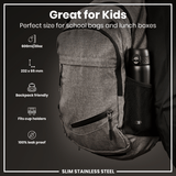 A gray backpack sits, holding a black water bottle in a mesh pocket. Its dimensions and features are listed: 600ml/20oz, 232 x 65 mm, backpack friendly, fits cup holders, and is 100% leak proof. It's marketed as 
