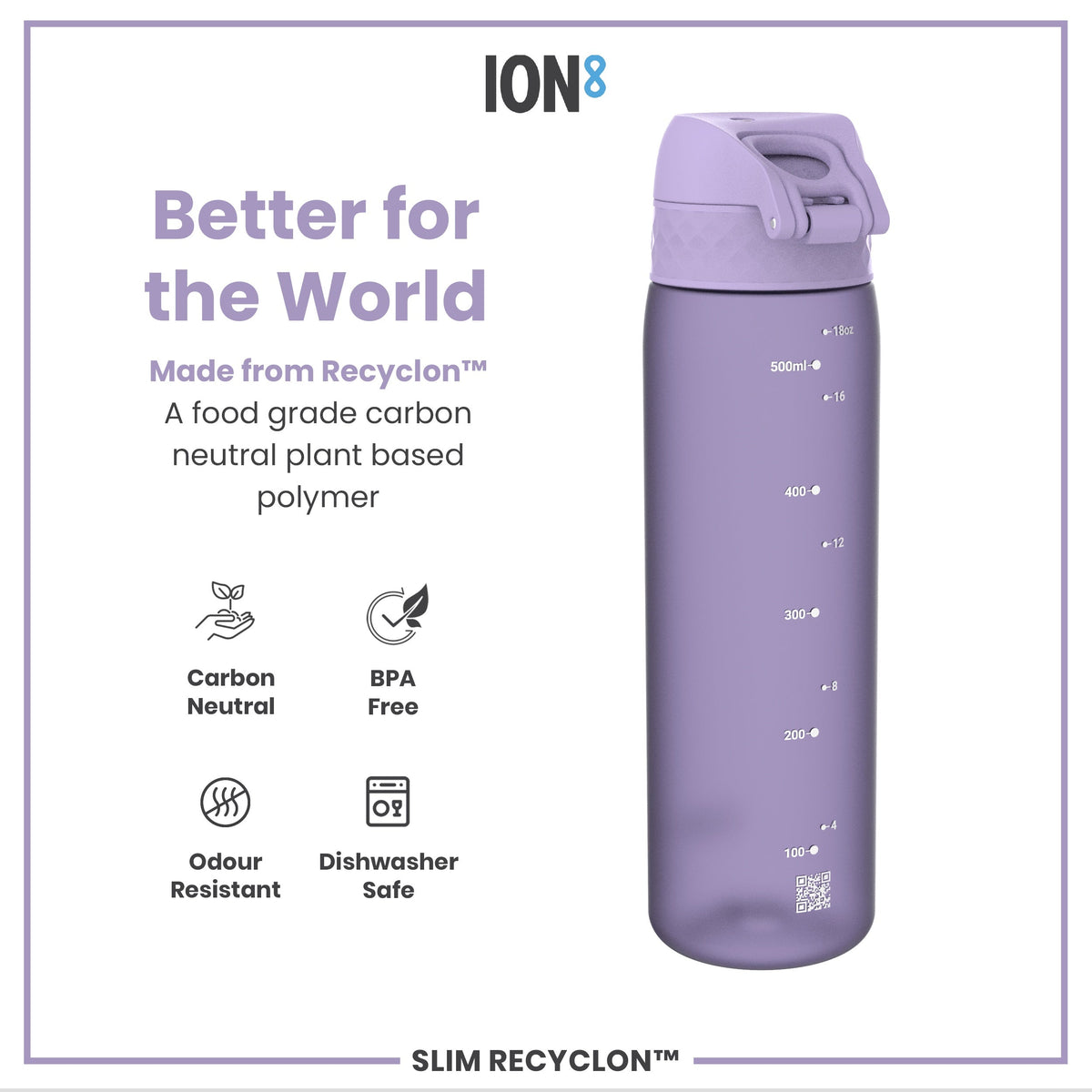 A lavender water bottle sits against a white background. It is made from a plant-based polymer, and is BPA free, odour resistant, and dishwasher safe. The bottle shows measurements in milliliters and ounces.