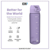 A lavender water bottle sits against a white background. It is made from a plant-based polymer, and is BPA free, odour resistant, and dishwasher safe. The bottle shows measurements in milliliters and ounces.