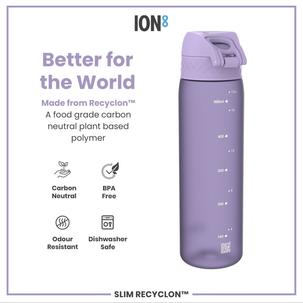 A lavender water bottle sits against a white background. It is made from a plant-based polymer, and is BPA free, odour resistant, and dishwasher safe. The bottle shows measurements in milliliters and ounces.
