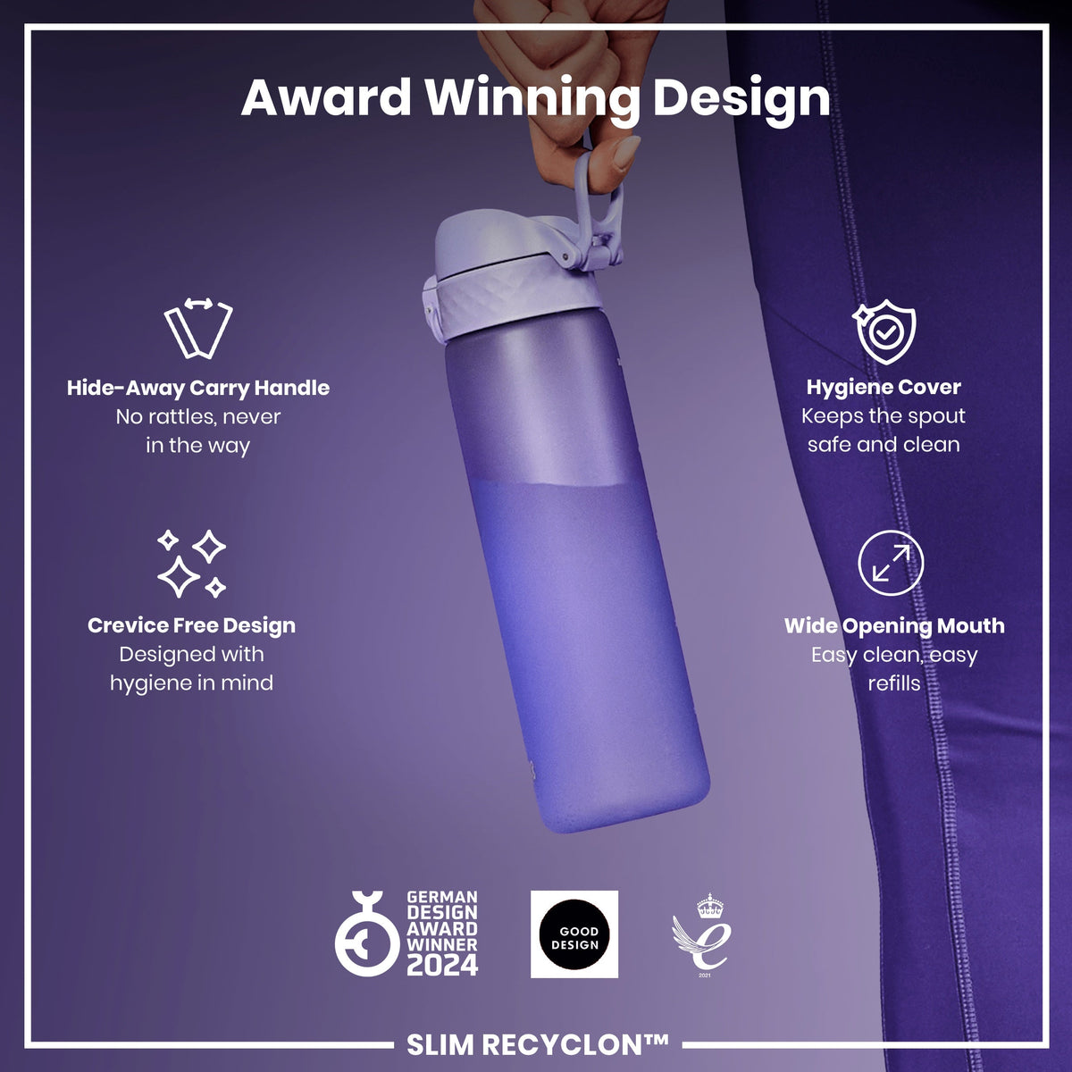A purple water bottle is being held; it features a hideaway handle, hygiene cover, and wide mouth. The bottle boasts an award-winning, crevice-free design for hygiene. Awards include the German Design Award 2024, Good Design, and a 2021 award.