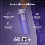 A purple water bottle is being held; it features a hideaway handle, hygiene cover, and wide mouth. The bottle boasts an award-winning, crevice-free design for hygiene. Awards include the German Design Award 2024, Good Design, and a 2021 award.