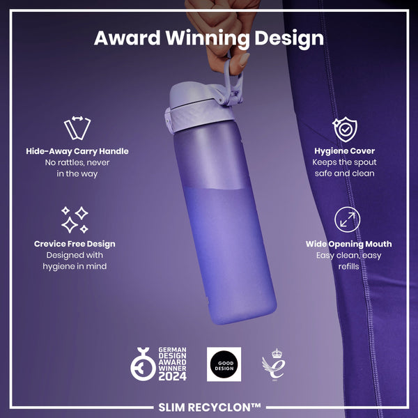 A purple water bottle is being held; it features a hideaway handle, hygiene cover, and wide mouth. The bottle boasts an award-winning, crevice-free design for hygiene. Awards include the German Design Award 2024, Good Design, and a 2021 award.