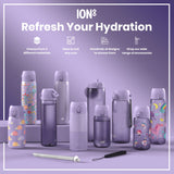 Several purple ION8 water bottles, with varying designs and sizes, are displayed on a lavender surface. They are accompanied by accessories. Choose from 3 different materials, sizes to suit any user, hundreds of designs, and a wide range of accessories.