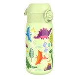 A light-green water bottle, featuring a dinosaur design, sits against a white background.
