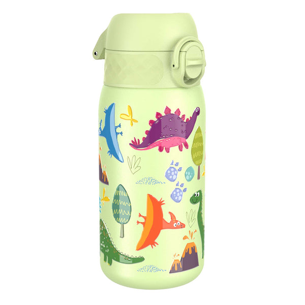 A light-green water bottle, featuring a dinosaur design, sits against a white background.