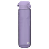 A lavender water bottle stands against a white background. The bottle features measurement markings and the logo 