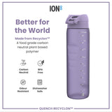 A lavender water bottle sits against a white background. The bottle is made from Recyclon™, a plant-based polymer, and displays volume markings. Marketing text highlights its carbon-neutral and BPA-free attributes.