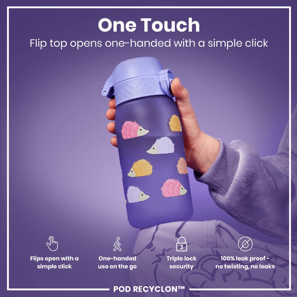 A purple water bottle, decorated with hedgehogs, is being held; its flip top opens with a single click. The bottle is shown against a purple background. The text reads: "One Touch Flip top opens one-handed with a simple click," "Flips open with a simple click," "One-handed use on the go," "Triple lock security," "100% leak proof – no twisting, no leaks," and "POD RECYCLON™".