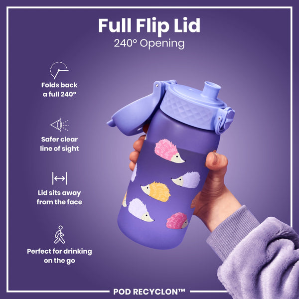 A purple water bottle, featuring a hedgehog design, is held; its full flip lid offers a 240° opening. The design promotes a safer drinking experience while on the go. POD RECYCLON™