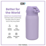 A lavender insulated steel water bottle sits on a white background. The bottle is shown alongside text advertising its durability, recyclability, and other features. ION8 and POD THERMAL are also visible.